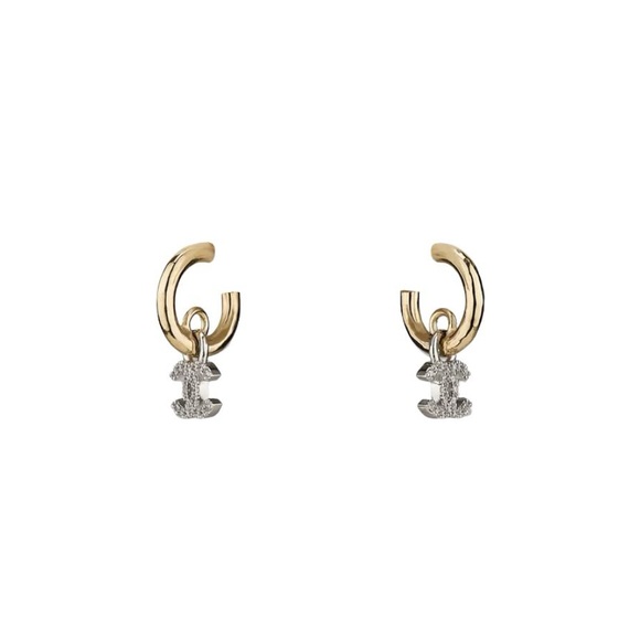 Chanel 22S Crystal Metal CC Logo Dangle Drop Statement Hoop Earrings Gold Silver - Picture 6 of 6